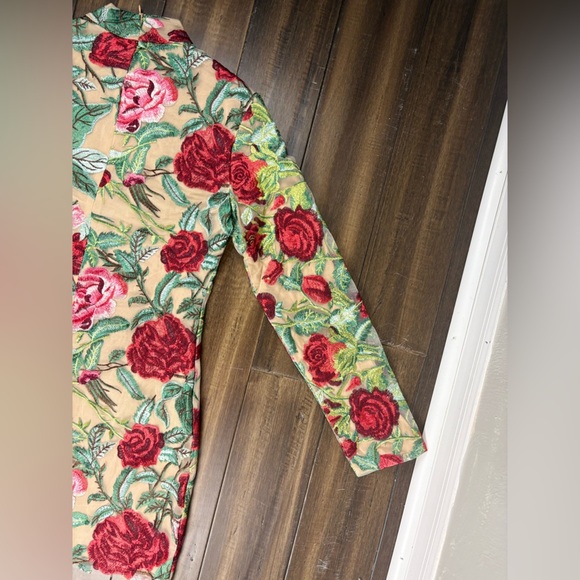 Size M Mock Neck Long Sleeve Mini Dress 3D Flowers Bodycon Tulle Red Pink Green - Picture 13 of 14